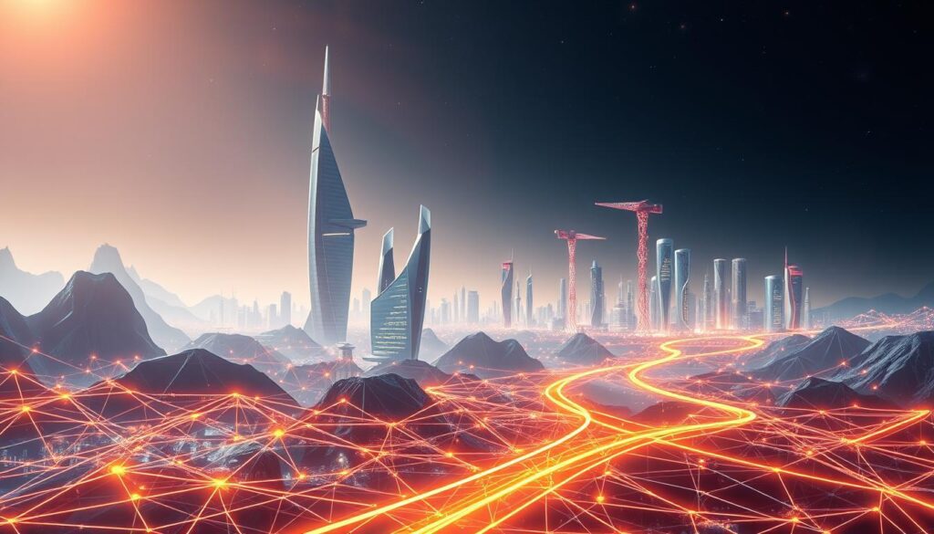 A futuristic digital landscape depicting the ZetaChain ecosystem, bathed in a warm, ethereal glow. In the foreground, a dynamic network of interconnected nodes and pathways representing the blockchain's seamless transactions. The middle ground features towering, abstract architecture reminiscent of cutting-edge cryptocurrency exchanges, while the background showcases a vibrant, holographic skyline hinting at the expansive reach of the ZetaChain network. Crisp, high-resolution details with a cinematic, wide-angle lens capture the innovative spirit and technological prowess of this decentralized platform. The overall mood is one of progression, innovation, and the boundless potential of the ZetaChain ecosystem. A futuristic digital landscape depicting the ZetaChain ecosystem, bathed in a warm, ethereal glow. In the foreground, a dynamic network of interconnected nodes and pathways representing the blockchain's seamless transactions. The middle ground features towering, abstract architecture reminiscent of cutting-edge cryptocurrency exchanges, while the background showcases a vibrant, holographic skyline hinting at the expansive reach of the ZetaChain network. Crisp, high-resolution details with a cinematic, wide-angle lens capture the innovative spirit and technological prowess of this decentralized platform. The overall mood is one of progression, innovation, and the boundless potential of the ZetaChain ecosystem.