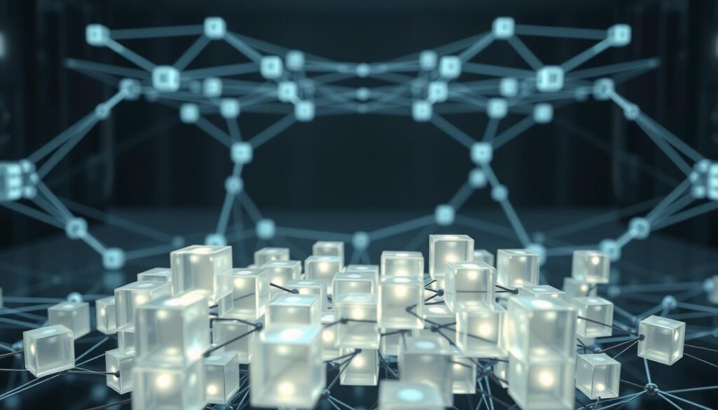 A highly detailed 3D illustration of the Kaspa BlockDAG architecture, showcasing the intricate network of blocks and transactions. The foreground features a cluster of interconnected blocks, with each block represented as a translucent cube emitting a soft, ethereal glow. The middle ground depicts the overall BlockDAG structure, with multiple chains branching out and converging, creating a visually striking and complex pattern. The background sets the scene with a dark, futuristic environment, hinting at the advanced technology underlying the Kaspa network. Precise lighting and camera angles highlight the depth and dimensionality of the architecture, while a muted color palette conveys a sense of sophistication and technical prowess. The overall image should effectively communicate the unique and innovative nature of the Kaspa BlockDAG design. A highly detailed 3D illustration of the Kaspa BlockDAG architecture, showcasing the intricate network of blocks and transactions. The foreground features a cluster of interconnected blocks, with each block represented as a translucent cube emitting a soft, ethereal glow. The middle ground depicts the overall BlockDAG structure, with multiple chains branching out and converging, creating a visually striking and complex pattern. The background sets the scene with a dark, futuristic environment, hinting at the advanced technology underlying the Kaspa network. Precise lighting and camera angles highlight the depth and dimensionality of the architecture, while a muted color palette conveys a sense of sophistication and technical prowess. The overall image should effectively communicate the unique and innovative nature of the Kaspa BlockDAG design.