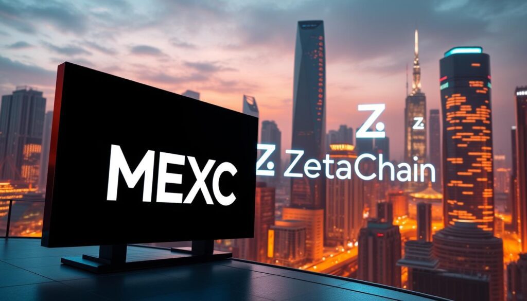 A large, modern digital display screen showcases the "MEXC" logo, prominently positioned in the foreground. In the middle ground, the "ZetaChain" logo and cryptocurrency symbol are displayed in a sleek, minimalist style, highlighting the platform's focus on trading ZETA tokens. The background features a futuristic cityscape, with skyscrapers and a vibrant, neon-lit atmosphere, conveying a sense of technological innovation and a thriving digital ecosystem. The image is captured with a wide-angle lens, emphasizing the scale and grandeur of the scene, and illuminated by warm, directional lighting that casts dramatic shadows, creating a visually striking and compelling composition. A large, modern digital display screen showcases the "MEXC" logo, prominently positioned in the foreground. In the middle ground, the "ZetaChain" logo and cryptocurrency symbol are displayed in a sleek, minimalist style, highlighting the platform's focus on trading ZETA tokens. The background features a futuristic cityscape, with skyscrapers and a vibrant, neon-lit atmosphere, conveying a sense of technological innovation and a thriving digital ecosystem. The image is captured with a wide-angle lens, emphasizing the scale and grandeur of the scene, and illuminated by warm, directional lighting that casts dramatic shadows, creating a visually striking and compelling composition.