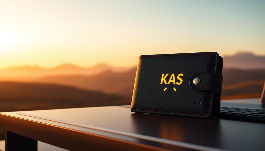 A secure Kaspa (KAS) wallet, illuminated by warm golden light, sits prominently on a sleek, modern desk. The wallet, crafted from premium materials, exudes an aura of trustworthiness and reliability. In the background, a serene landscape of rolling hills and a cloudless sky conveys a sense of stability and tranquility, mirroring the secure nature of the digital asset storage. The composition is balanced and visually appealing, inviting the viewer to consider the importance of safeguarding their Kaspa holdings in a well-designed, trustworthy wallet. A secure Kaspa (KAS) wallet, illuminated by warm golden light, sits prominently on a sleek, modern desk. The wallet, crafted from premium materials, exudes an aura of trustworthiness and reliability. In the background, a serene landscape of rolling hills and a cloudless sky conveys a sense of stability and tranquility, mirroring the secure nature of the digital asset storage. The composition is balanced and visually appealing, inviting the viewer to consider the importance of safeguarding their Kaspa holdings in a well-designed, trustworthy wallet.