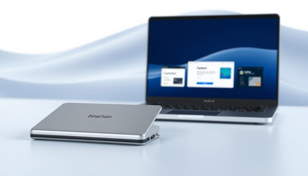 A serene, minimalist desktop scene showcasing various ZetaChain wallet options. In the foreground, a high-resolution rendering of a sleek, modern ZetaChain hardware wallet, its smooth metallic surface reflecting the soft, diffused lighting. In the middle ground, a series of ZetaChain software wallets are displayed on a stylized laptop screen, each with a distinct interface design. The background features a gradient of soft, calming blues and grays, evoking a sense of technological sophistication and trust. The overall composition is balanced, visually appealing, and effectively communicates the diverse range of ZetaChain wallet options available to users. A serene, minimalist desktop scene showcasing various ZetaChain wallet options. In the foreground, a high-resolution rendering of a sleek, modern ZetaChain hardware wallet, its smooth metallic surface reflecting the soft, diffused lighting. In the middle ground, a series of ZetaChain software wallets are displayed on a stylized laptop screen, each with a distinct interface design. The background features a gradient of soft, calming blues and grays, evoking a sense of technological sophistication and trust. The overall composition is balanced, visually appealing, and effectively communicates the diverse range of ZetaChain wallet options available to users.