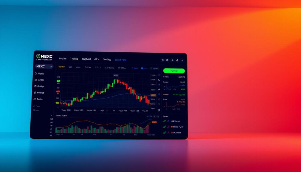 A vibrant, modern interface of the MEXC cryptocurrency trading platform, showcased in a sleek, minimalist design. The main trading dashboard takes up the foreground, displaying real-time market data, advanced charting tools, and intuitive order management controls. The middle ground features a customizable sidebar with quick access to various trading pairs, portfolio management, and account settings. In the background, a faint grid pattern and subtle gradient provide a clean, professional atmosphere. Warm, indirect lighting illuminates the scene, creating a sense of clarity and focus. The overall impression conveys a powerful, user-friendly platform tailored for both beginner and experienced cryptocurrency traders. A vibrant, modern interface of the MEXC cryptocurrency trading platform, showcased in a sleek, minimalist design. The main trading dashboard takes up the foreground, displaying real-time market data, advanced charting tools, and intuitive order management controls. The middle ground features a customizable sidebar with quick access to various trading pairs, portfolio management, and account settings. In the background, a faint grid pattern and subtle gradient provide a clean, professional atmosphere. Warm, indirect lighting illuminates the scene, creating a sense of clarity and focus. The overall impression conveys a powerful, user-friendly platform tailored for both beginner and experienced cryptocurrency traders.