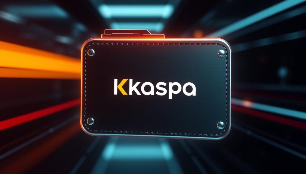 Generate an image of a secure digital wallet with a Kaspa logo on a sleek, modern background. Generate an image of a secure digital wallet with a Kaspa logo on a sleek, modern background.