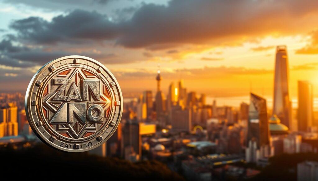 Prompt A gleaming, futuristic cryptocurrency emblem in the foreground, the Zano (ZANO) logo prominently displayed with metallic sheen and intricate geometric patterns. The middle ground features a vibrant, dynamic cityscape with towering skyscrapers and a bustling financial district, conveying the global significance of this innovative digital asset. The background is bathed in a warm, golden glow, creating a sense of prosperity and technological advancement. The overall composition exudes a mood of sophistication, innovation, and the promise of a decentralized financial future. Prompt A gleaming, futuristic cryptocurrency emblem in the foreground, the Zano (ZANO) logo prominently displayed with metallic sheen and intricate geometric patterns. The middle ground features a vibrant, dynamic cityscape with towering skyscrapers and a bustling financial district, conveying the global significance of this innovative digital asset. The background is bathed in a warm, golden glow, creating a sense of prosperity and technological advancement. The overall composition exudes a mood of sophistication, innovation, and the promise of a decentralized financial future.